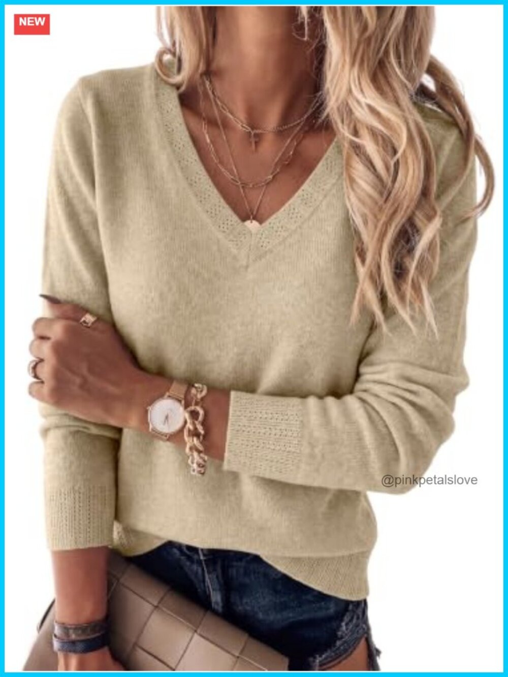 Women's Long Sleeve Wool Blend V Neck Sweater Lightweight
